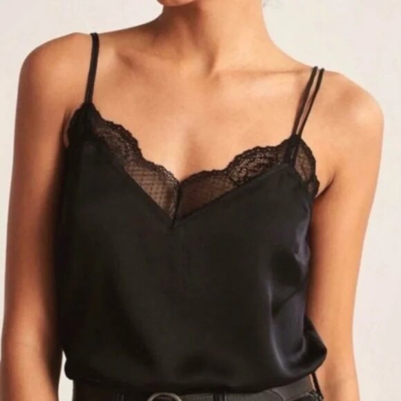 Abercrombie & Fitch Double Strap Lace Trim Satin Camisole in Black - Picture 1 of 6